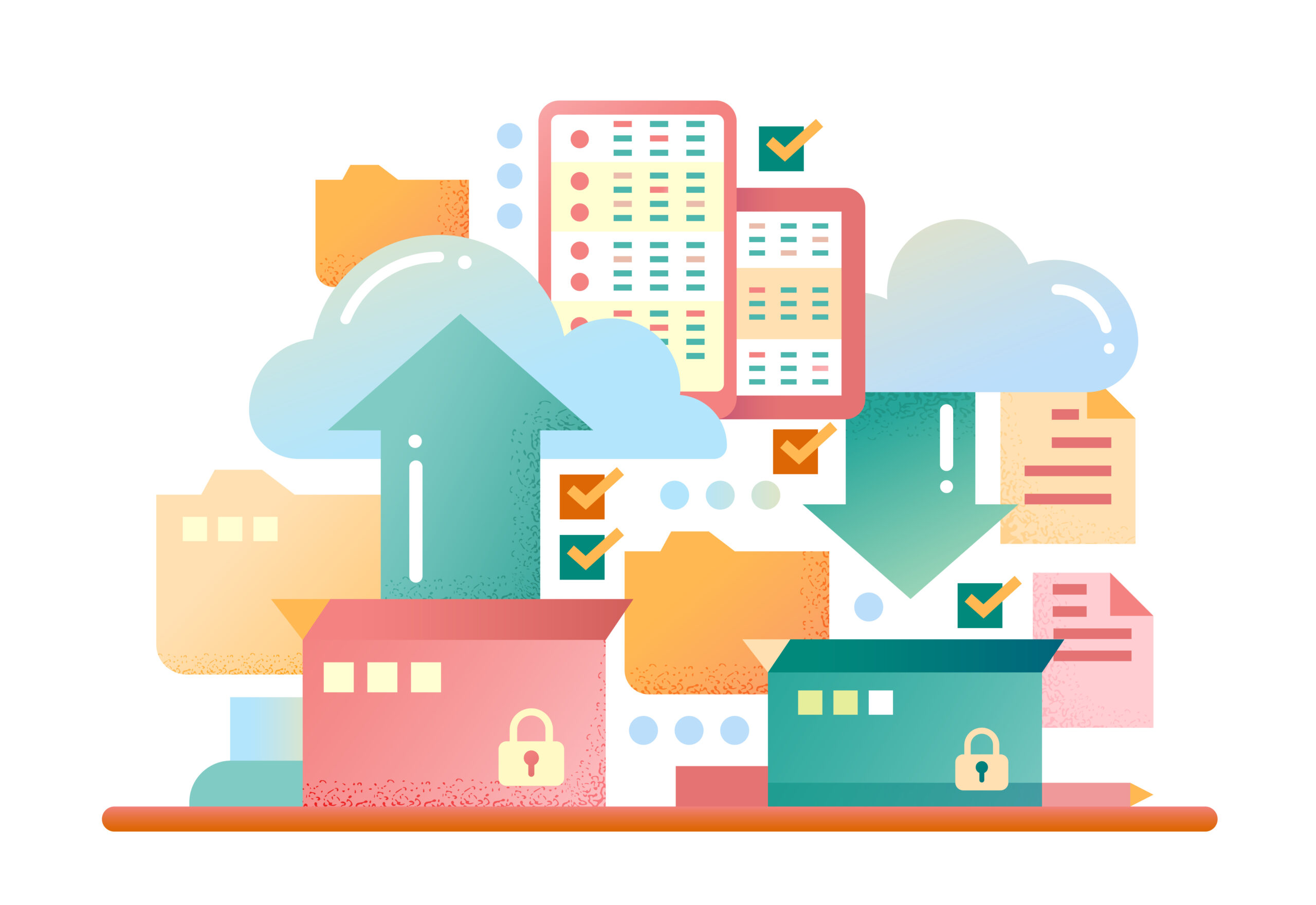 files archiving with boxes, clouds and arrows